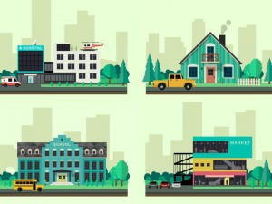 Costruzioni piane vettoriali.Semplici illustrazioni di casa, ospedale, mercato e scuola.